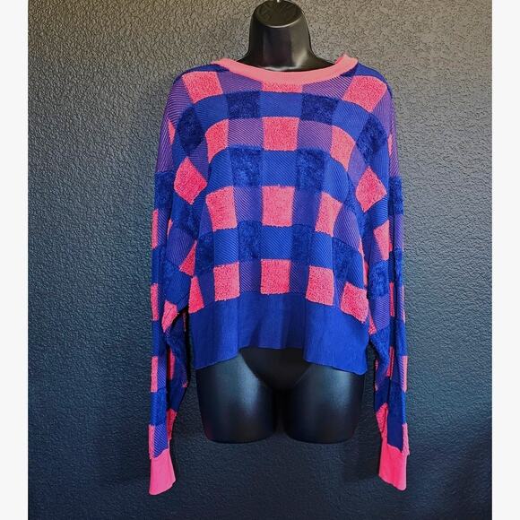 RAG & BONE S Blue Coral Ridley Pullover Sweater Crew Check Print - Picture 2 of 10